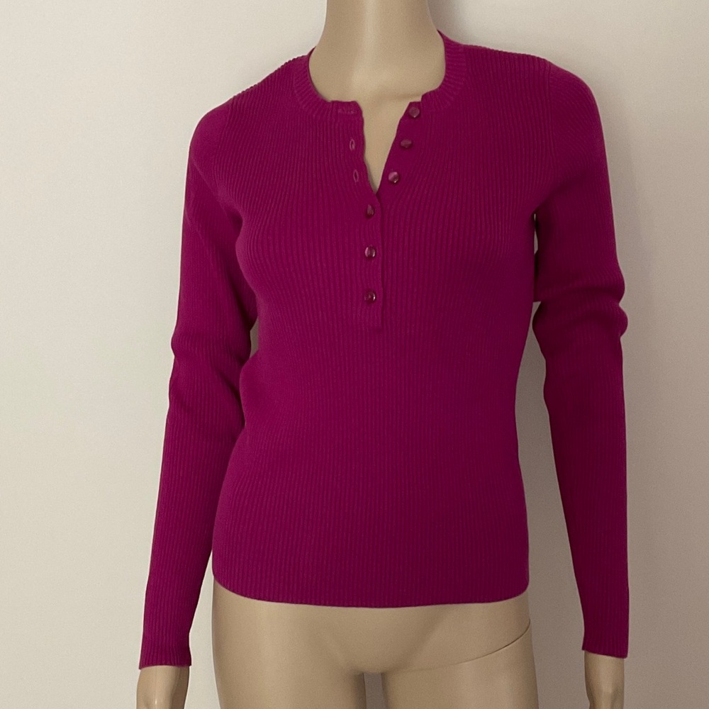 Moda International Ribbed Knit Henley Top Fuchsia - Picture 2 of 6